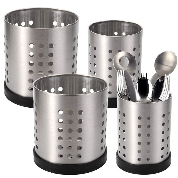 TOPZEA Set of 4 Kitchen Utensil Holder, Stainless Steel Cooking Utensil Organizer Kitchen Tools Flatware Holder Utensil Drying Cylinder Countertop Silverware Caddy