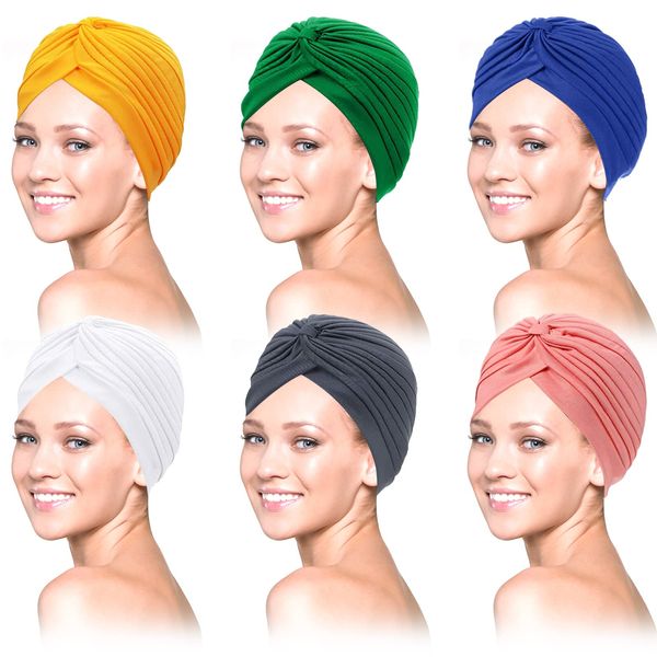 6 Stücke Turban für Damen Stretch Jersey Turban Afrikanischen Turban für Damen Weich Turban Headband Knot Mode Plissee Turban Hut Kopfwickel Mütze