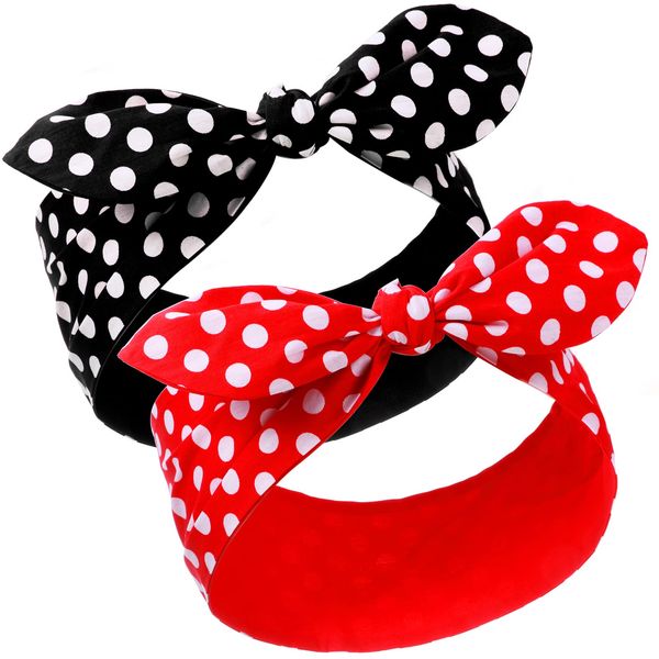 2 Pieces Polka Dot Headband Bandana Headband 50s Costume Hair Accessories Bows Wide Headwrap for Women and Girls (Big Dots)