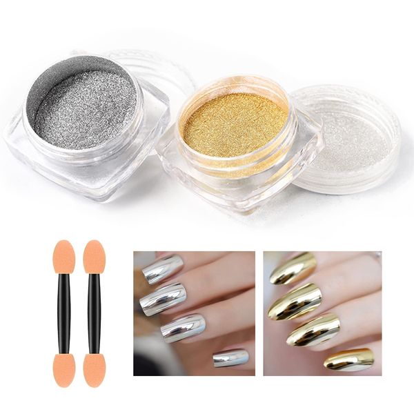 2 Pcs Gold Silver Chrome Nail Powder,Nail Art Mirror Glitter Effect Highly Pigmented Dust Metallic Holographic Mirror Nail Art Makeup Powders Chrome with Sponge Applicators