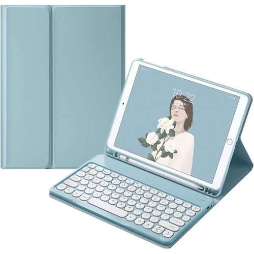 Galaxy Tab A9 8.7 Inch Keyboard Case with S Pen Holder, Slim Round Key Cute Candy Magnetically Detachable Wireless Bluetooth Keyboard for SM-X110/X115/X117, Mist Blue