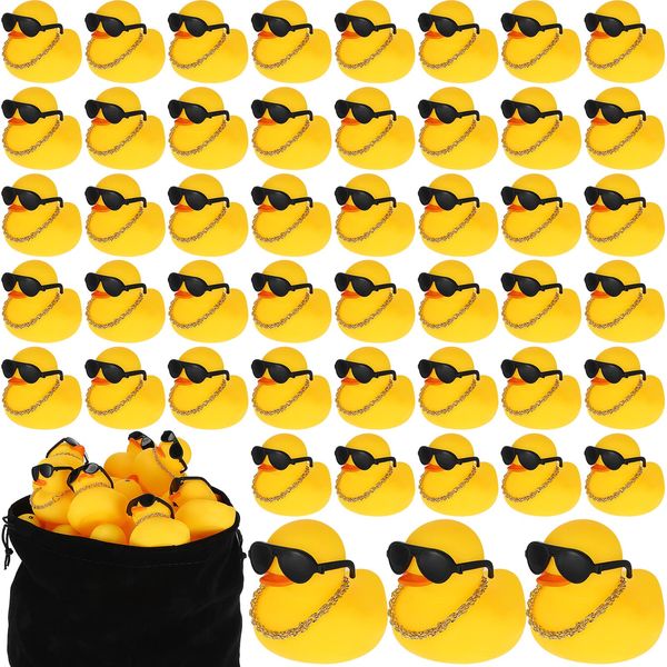 48 Pcs Bulk Sunglasses Rubber Duck Cool Duck with Sunglasses, Gold Chain Rubber Duck Baby Shower Floating Bathtub Toys Birthday Party Favors Carnival Gifts Decorative Gifts with Storage Bag