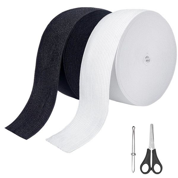 Furuising 2 Rollen Gummiband 50mm Breit, 10M Schwarz Weiß Gummiband Nähen, Elastische Hosengummi, Gummibänder Breit, Elastic Band mit Einfädelzange, Schere für Hosenbund DIY Handwerk