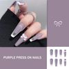 Bufenia 24Pcs French Translucent Fake Nails Coffin Ballerina Bow Tie False Nails Art Matte Frosted Press on Nails Long Glitter Stick on Nails for Women and Girls (B:Purple)