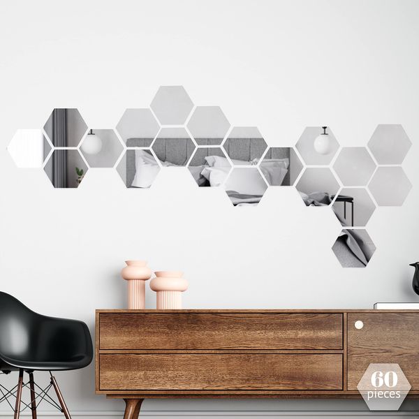 Hexagonal 60pcs Removable Acrylic Mirror Wall Art Setting Wall Sticker Decal for Home Living Room Bedroom Decor