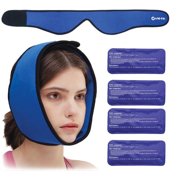 Jaw Ice Pack for Chin Head Jaw Surgery Injuries Hot Cold Compress Packs for Jaw/Chin Pain, TMJ Relief, Headaches, Wisdom Teeth Pain Relief, Face Jaw Ice Pack Wrap with 4 Reusable Gel Cold Packs