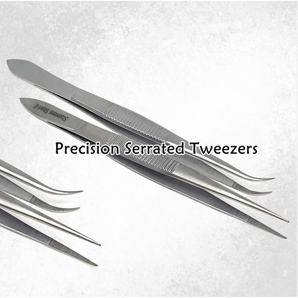 Stainless Steel Surgical Forceps With Serrated Tips Straight + Curved Tweezers