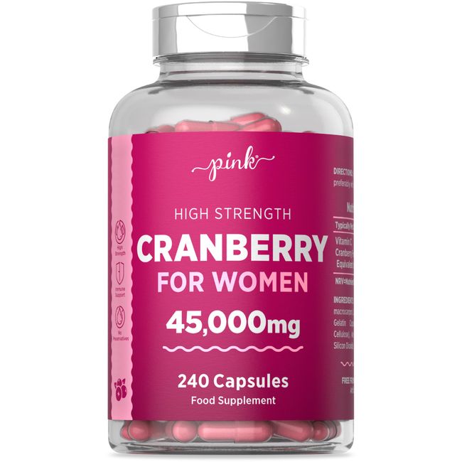 Cranberry Capsules 45,000mg for Urinary Infections with Vitamin C | 240 High Strength Capsules | Daily Supplement for Women | by Pink