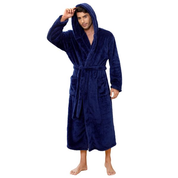 Vulcanodon Bademantel Herren mit Kapuze flauschig voller Länge Plüsch Morgenmantel Männer Fleece (Marineblau, S/M)