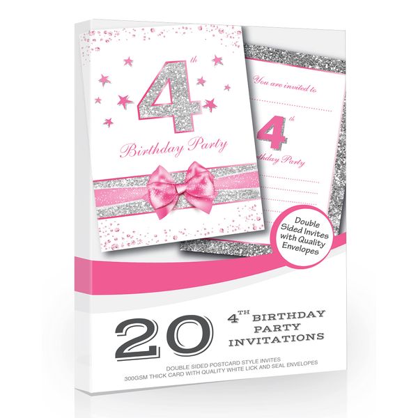 Olivia Samuel 20 x 4th Birthday Party Invitations from Pink Sparkly Design and Photo Effect Silver Glitter - A6 Postcard Size with envelopes