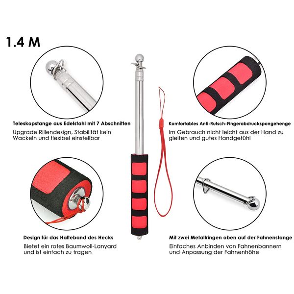 Telescopic Flag Pole 2 Pcs Handheld Flag Pole Stainless Steel Tour Guide Flag Pole (1.2m &1.4m)