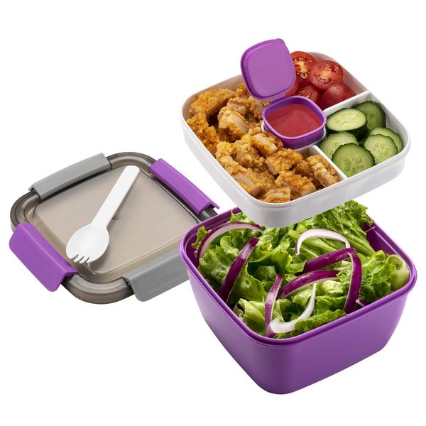 Freshmage Salad Lunch Container To Go, 52-oz Salad Bowls with 3 Compartments, Salad Dressings Container for Salad Toppings, Snacks, Men, Women (Purple)