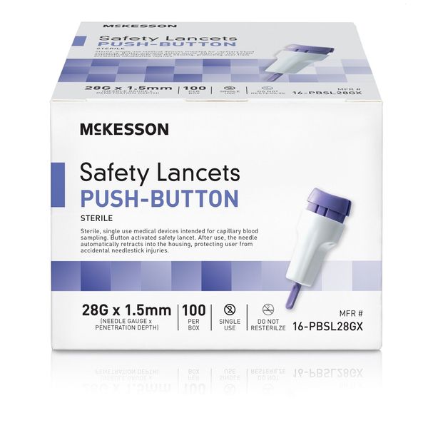 McKesson Push-Button Safety Lancet, 1.5mm Depth, 28 Gauge, Pack of 100