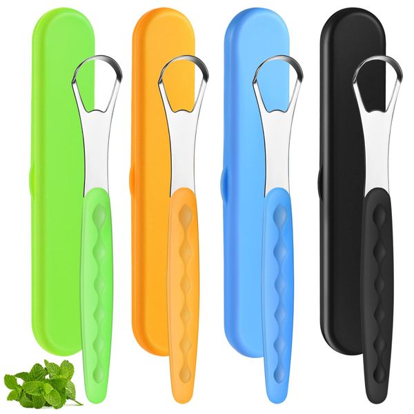 4 Pcs Tongue Scraper Cleaner Adults and Kids Stainless Steel Tongue Brush Metal Tongue Scraper Reduce Bad Breath with Travel Cases for Men Women Oral Mouth, Orange, Black, Green and Blue