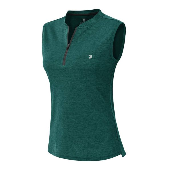 YSENTO Women's Dry Fit Tennis Golf Shirts 1/4 Zip Sleeveless Collarless UPF 50+ Yoga Gym Workout Tops Shirts Army Green Size L