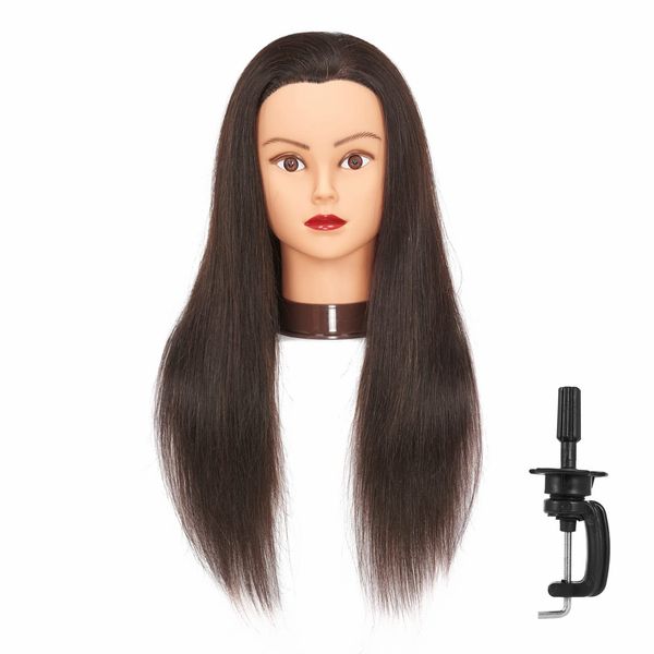 Headfix 24"-26" Hair Mannequin Head 100% Human Hair Hairdresser Practice Styling Training Head Cosmetology Manikin Doll Head With Clamp (6F1919LB0218H)