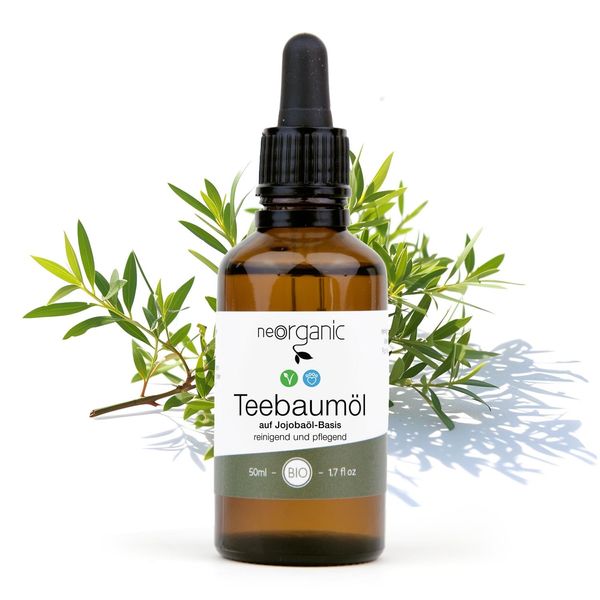 NeoOrganic® Bio Teebaumöl [mit Pipette] Tea Tree Oil für Gesicht, Haut und Nägel | Anti Pickel + Akne Öl + Acne Serum | bei Unreiner Haut | 100% bio Zutaten, keine Zusätze | BIO Öl – 50ml