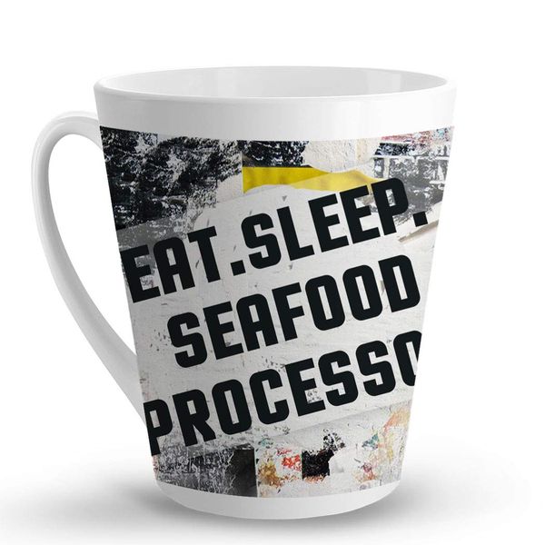 Makoroni - EAT SLEEP SEAFOOD PROCESSOR - 12 Oz. Unique Ceramic Coffee Cup, LATTE MUG