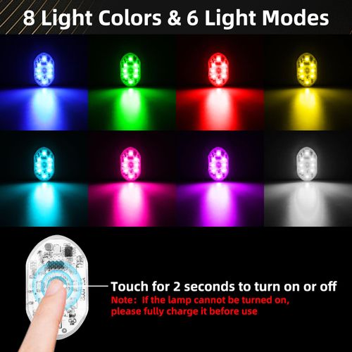 CCBASEBALL 4Pcs Wireless LED Lights for Car with Remote Control, 8 Colors Car LED Lights Interior, Rechargeable Car Ambient Lighting Kit Interior Car Night Lights for Car Decor