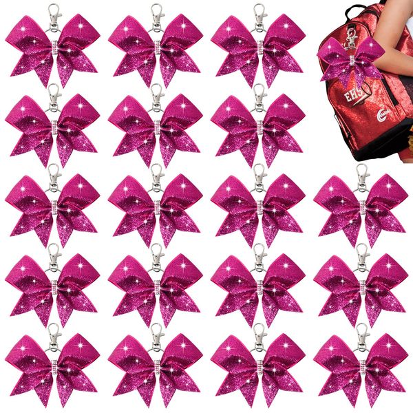 18PCS Cheer Bow Keychain Glitter Bow Keychain Hair Bow for Girls Rhinestones Sequin Bow School Senior Cheer Bow Accessories for Teen Softball football Cheerleader (Glitter Neon Pink)