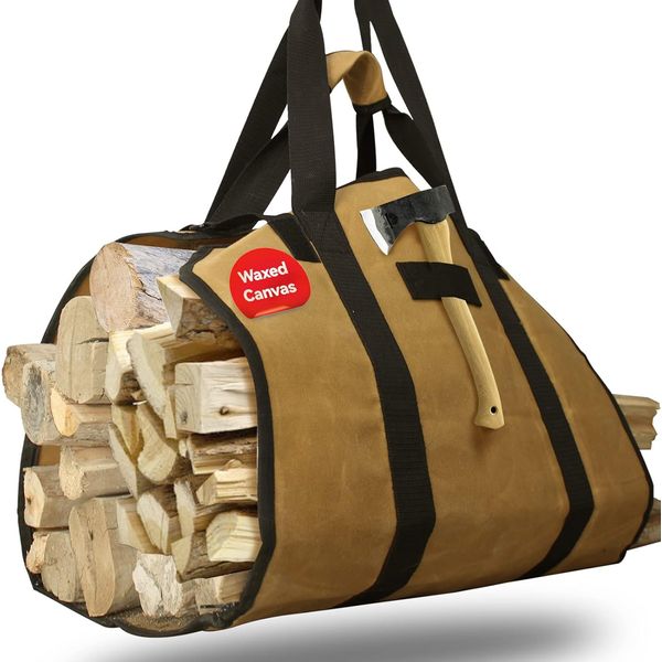 Extra Large 2In1 Firewood Carrier Waxed Canvas Bag 44”X23”, Heavy Duty Log Holde