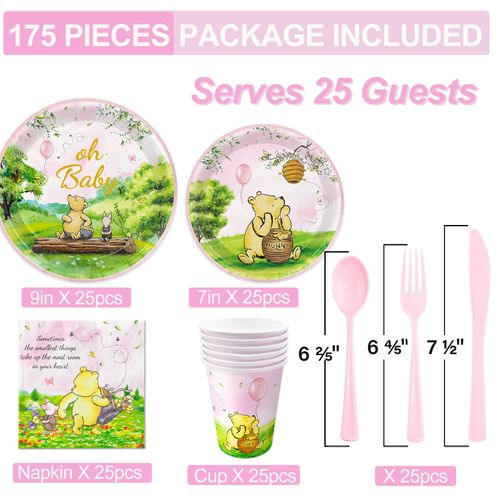 175pcs Vintage Winnie Bear Baby Shower Pooh Decorations Pink Birthday Party Supplies Tableware Set (25 Guest)With Paper Plates Cups Napkins Cutlery for Girls Newborn Birthday Party Decoration