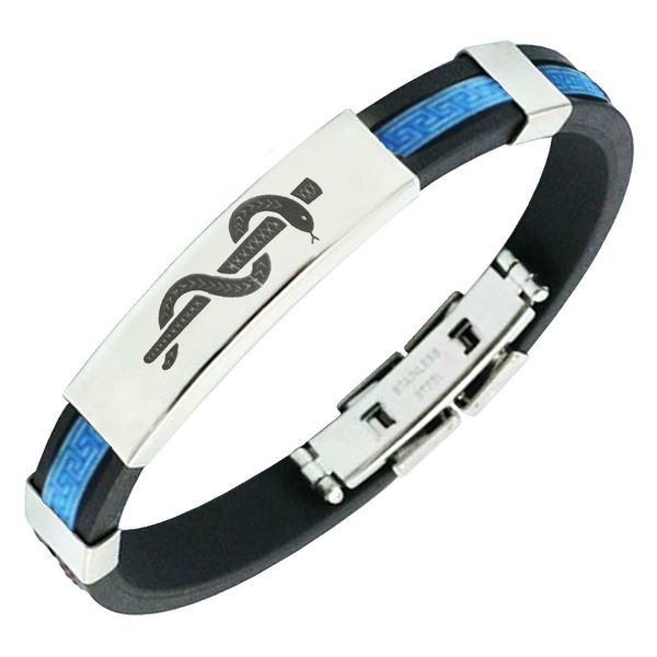 DIABETES ON INSULIN Medical Alert Bracelet Medi-Tag Black/Blue Rubber Stainless Steel Medical ID Band (6.5")