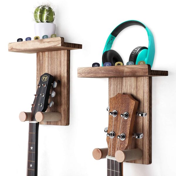 Keebofly Guitar Wall Mount,2 Pack Guitar Wall Hanger Holder Guitar Hanger Shelf with Pick Holder Wood Guitar Rack for Acoustic or Electric Guitar,Ukulele,Bass,Mandolin Brown,[Patented]