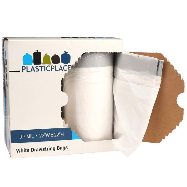 Plasticplace 8 Gallon Trash Bags: Premium White Drawstring Garbage Bag, 0.7 Mil Thickness, Durable Trash Can Liners, Garbage Bags for your Trash Can, Ring Size 22" x 22" (Pack of 100)