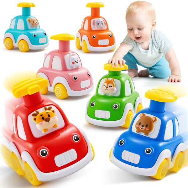 Press and Go Car Toys for Toddlers 1-3, 6 Pack Animal Baby Car Toys for 1 2 Year Old Boy, Push Go Friction Vehicle Toys for Infants 6-9-12-18 Months, One First Birthday Gifts for Boys Girls