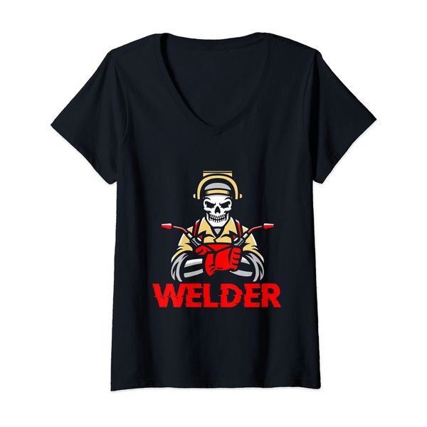 Womens Skull Welder Engineer Engineering Welding Fabrication V-Neck T-Shirt