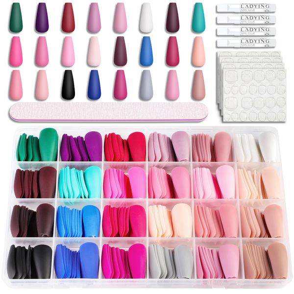 LADYING 24 Packs (576 pz) Ballerina Opaca Unghie Finte Lunghe Set,Full Cover Bara Unghie Finte con Colla e Lima per Unghie,Cheap e Durable French Press on Nails Adesive per Donne Nail Art