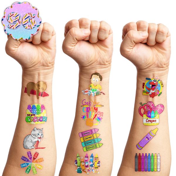 94 PCS Back To School Funny Art Crayon Temporary Tattoos Sticker Crayon Painting Birthday Party Decorations Favors Supplies Gifts Boys Girls Baby Shower Cute Tattoo School Prizes Reward Themed