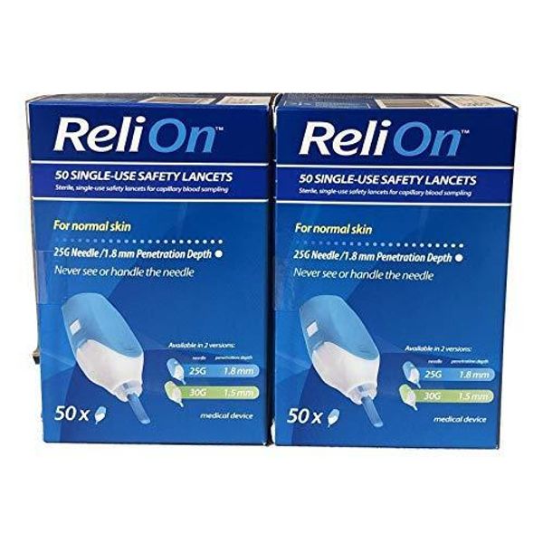 ReliOn Safety Lancets, 6" Tote, Bundle 50 Single Use 25G 2 Pack