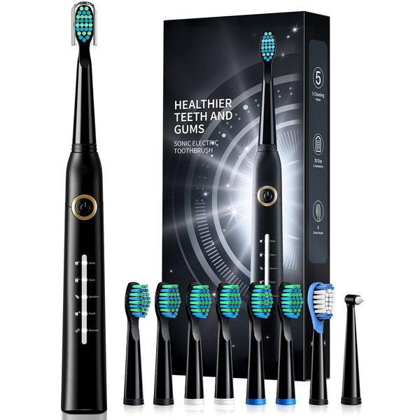 Electric Toothbrush, Sonic Toothbrushes with 8 Brush Heads 40000 VPM 5 Modes, Sonic Toothbrushes Fast Charge 4 Hours Last 30 Days, Rechargeable Electric Toothbrush for Adult