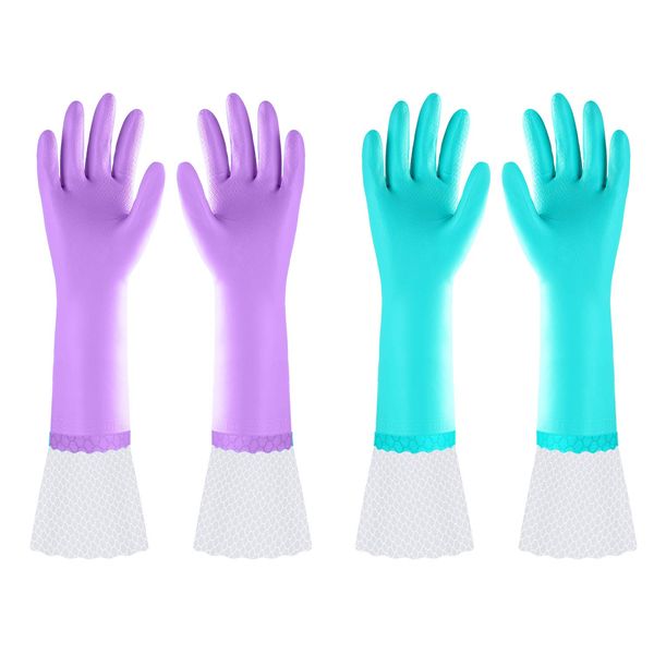 Reusable Long Dishwashing Cleaning Gloves with Latex Free, Long Cuff,Cotton Lining,Kitchen Gloves 2 Pairs(Purple+Blue,Medium)