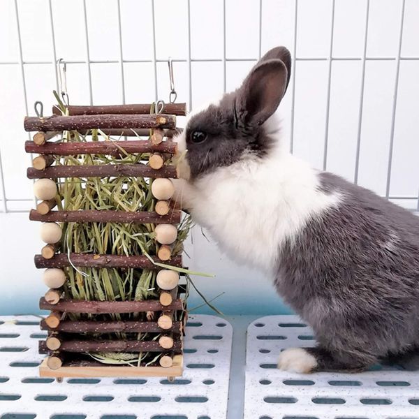 Hanging Apple Wood Rabbit Hay Feeder- Wooden Grass Shelf with 2 Hooks Biting Resistant Small Animals Feeding Hay Manager for Chinchilla Bunny Guinea Pig Hamster Gerbil Holiday Presents