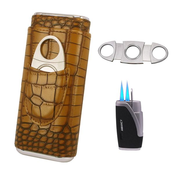 AMANCY Classical Brown Crocodile Pattern Leather Cigar Holder Case with 2 Triple Jet Cigar Lighter and Cutter,Great Cigar Gift Kit for Men