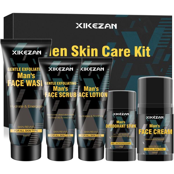 Skin Care For Men,5 PACK Mens Skin Care Kit w/Men Face Wash,Face Moisturizer,Face Lotion,Face Cream,Deodorant for Daily Cleansing,Moisturizing & Refreshing Skin,Natural Men Skin Care Kit Gifts for Men