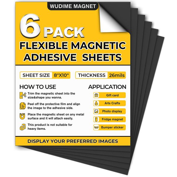 WUDIME Magnetic Sheets with Adhesive Backing, 8" x 10", 6 Pack Flexible Strong Magnet Sheets, Fridge Magnet DIY, Cuttable Magnets Paper Sheets, Peel and Stick Magnets for Photos, Crafts Die Storage