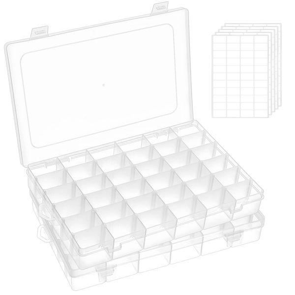 FFowcye 2 Pack 36 Grids Plastic Bead Storage Box with Adjustable Dividers, Clear Small Parts Organiser for Jewellery, Sewing, Screws, Lego, Fishing Tackle, Arts & Crafts, Hardware, Home Organisation