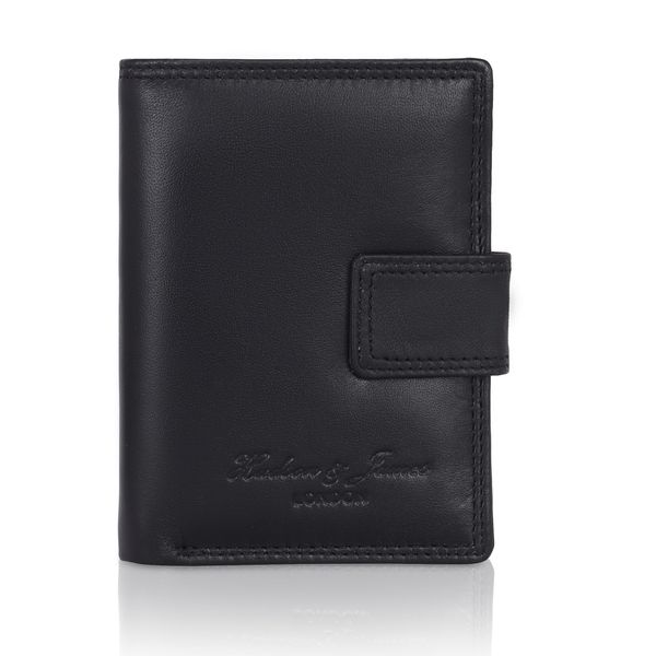 Hudson & James Ladies RFID Safe Designer Leather Compact Purse Card Women Wallet Zip Coin Pocket Boxed (Black)