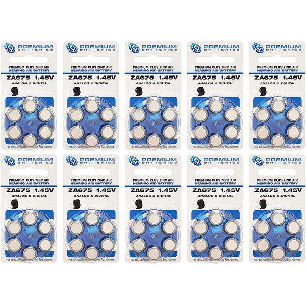 Premium Batteries Size 675, ZA675, PR44, P675 1.45V Zinc Air Hearing Aid Batteries Blue Tab (60 Batteries)