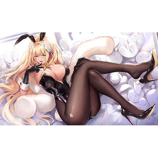 Anime girls bunny suit blonde green eyes plush toy high Playmat Gaming Mat Desk