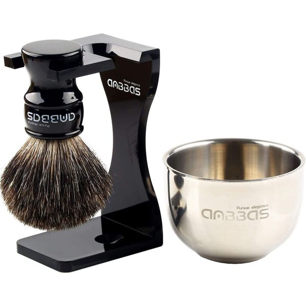 anbbas Shaving Brush Set 3pcs Pure Bagger Hair Shaving Brush Wood Handle Black Acrylic Shaving Stand Stainless Steel Shaving Bowl Diameter 6.5cm Goat Milk 100g