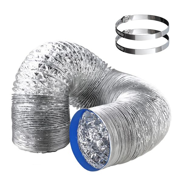 Tosucs Duct Hose Set, 3.9 inches (100 mm) Diameter, 0.8 ft (2 m), Flexible Duct, 2 x 3.9 inches (100 mm) Hose Bands, Aluminum Hose for Ventilation, For Range Hoods, For Ventilation Fans, Hose