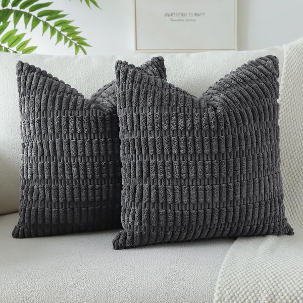 JOTOM Corduroy Soft Striped Decorative Throw Pillow Covers 22x22 Inch Cushion Covers 55x55 cm Cushion Case Square Pillowcase for Couch Sofa Living Room Bed Home Boho Decor Set of 2 (Dark Grey)