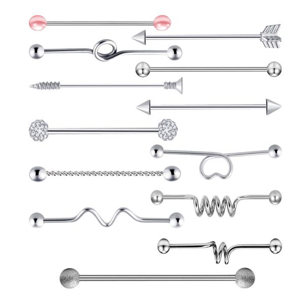 13pcs Piercing Ear Barbell Rhinestone Scaffold Industrial Bars Cartilage Earrings Heart Arrow Puncture Jewelry for Women Men (Silver)