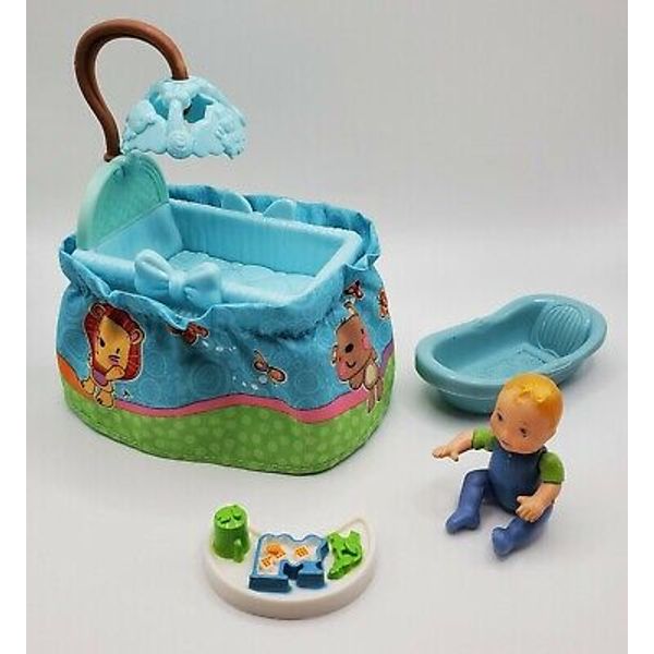 Loving Family 2007 Twin Baby Boy Blue Bedroom Furniture Crib Mobile Bath Tray