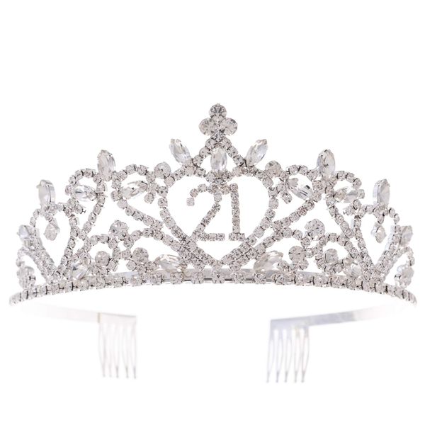 Ella Celebration 21st Birthday Tiara 21 Crown for Women Birthday Party Headband Hair Accessories Supplies (Silver Heart)